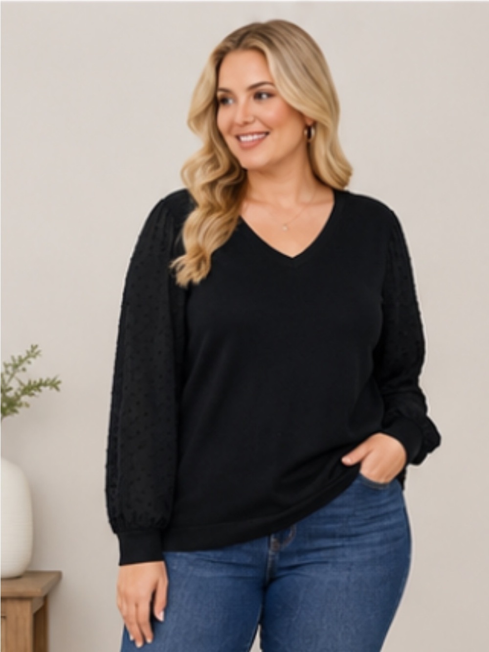 Adrianna Papell Women’s V-neck Pullover Black Textured Sleeves Sweater 2X